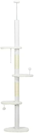 Floor-to-Ceiling Cat Tree, White, 19x12.5x100.5 Inches, All Breed Sizes, Climbing and Cuddling, Particle Board with Sisal, Floor Mount