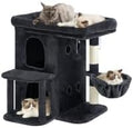 Heybly Cat Tree, 25.6-inch Cat Tower with Spacious Top Perch for Large Cats, Stair-Style Cat House Furniture with Dual-Layer Condos, Sisal Scratching Posts, Cozy Basket & Pompom, Smoky Gray HCT204SG