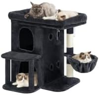 Heybly Cat Tree, 25.6-inch Cat Tower with Spacious Top Perch for Large Cats, Stair-Style Cat House Furniture with Dual-Layer Condos, Sisal Scratching Posts, Cozy Basket & Pompom, Smoky Gray HCT204SG