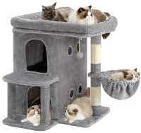 Heybly Cat Tree, 25.6-inch Cat Tower with Spacious Top Perch for Large Cats, Stair-Style Cat House Furniture with Dual-Layer Condos, Sisal Scratching Posts, Cozy Basket & Pompom, Light Gray HCT204SW