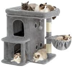 Heybly Cat Tree, 25.6-inch Cat Tower with Spacious Top Perch for Large Cats, Stair-Style Cat House Furniture with Dual-Layer Condos, Sisal Scratching Posts, Cozy Basket & Pompom, Light Gray HCT204SW