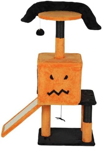 Halloween Cat Tree 39.4 Inch Cat Tower for Indoor Cats with Cat Condo, Sisal Scratching Posts, Hanging Toys - Orange & Black Multi-Level Cat Furniture with Anti-Tip Safety Design