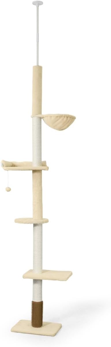 CAPHAUS Floor to Ceiling Cat Tree with Adjustable Height 104-115 Inch, Multi-Level Cat Tower with Itching Scratcher, Fluffy Playball, Platforms, Hammock for Indoor Cats, Beige
