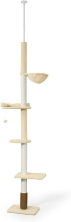 CAPHAUS Floor to Ceiling Cat Tree with Adjustable Height 104-115 Inch, Multi-Level Cat Tower with Itching Scratcher, Fluffy Playball, Platforms, Hammock for Indoor Cats, Beige