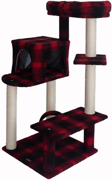 Maykoosh Cat Tree 50" - Plaid Cat Condo, Lounger, Perch & Scratching Post