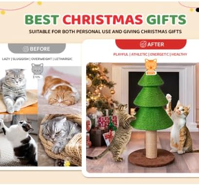 VINGLI 31.5in Christmas Tree Cat Scratcher, Grass Green Cat Scratching Post for Indoor Cats, Large Sisal Cat Scratching Tree Tower with Soft Fleece Base, Stable Cat Tree for Kittens & Adult Cats