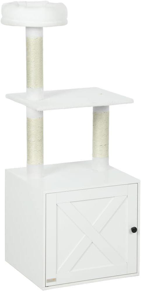 Stylish Cat Tree Tower with Sisal Scratching Posts, Cozy Condo, and Plush Perches for Climbing, Resting, and Play (White + MDF + Polyester)