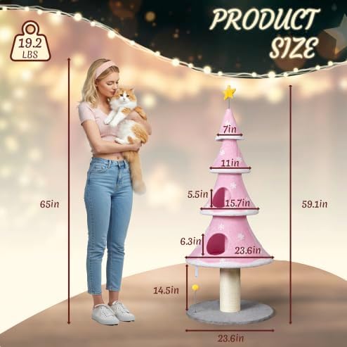 VINGLI 59in Large Christmas Tree Cat Tower for Indoor Cats, Pink Cat Tree with 2 Cat Condos & Scratching Post, Soft Fleece Multi-Level Cat Tower with Teaser Toy, Sturdy Wide Base & Built-in Openings