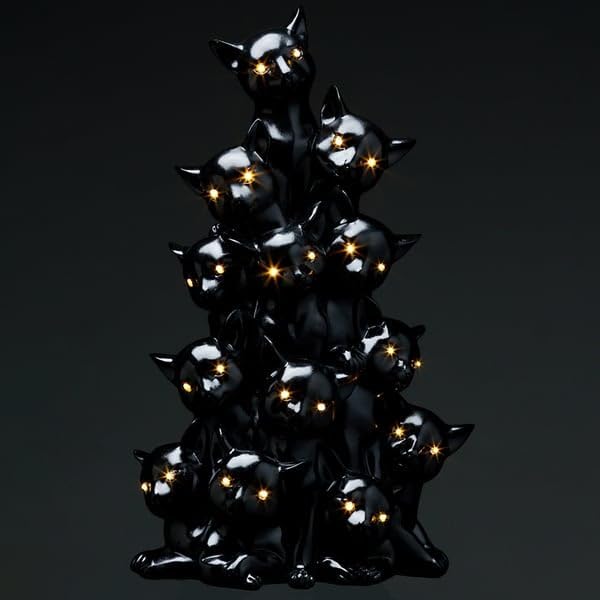 17" Battery Operated Halloween Cat Tree with Light -Black