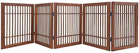 Urnporium Pet Dog Gate Freestanding, Strong Durable Folding Wooden Fence, Portable Acacia Hardwood Safety Barrier for Indoor & Outdoor Use (Brown Pet Gate, 5 Panel 24" Tall)