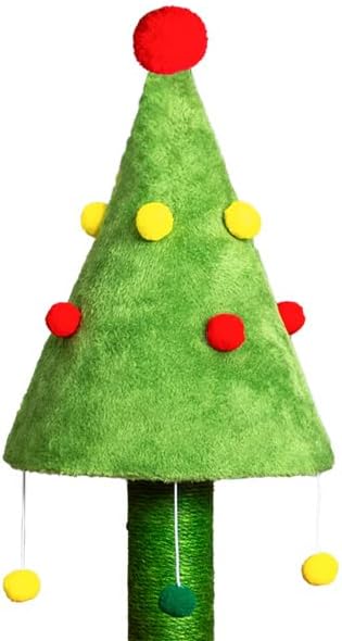 Christmas Themed 30in Cat Scratching Post with Cozy Hideaway Cat House - Small Cat Tree Tower for Indoor Kitten/Cat, Sisal Post, Interactive Hanging Balls, Festive Red & Green Home Decor