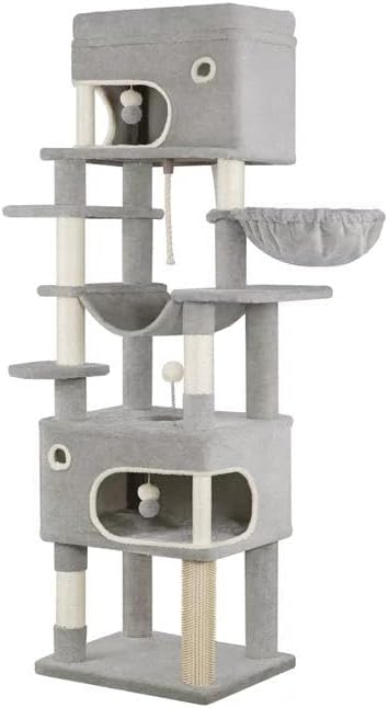 Cat Scratching Post, 70.1" Multi-Layer Cat Tree with Large Platform, 2 Caves, 7 Sisal Posts, Pompoms, Cat Basket, Hammock, Suitable for Cats, Light Gray MS17818LG