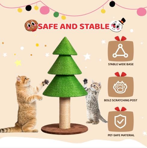 VINGLI 31.5in Christmas Tree Cat Scratcher, Grass Green Cat Scratching Post for Indoor Cats, Large Sisal Cat Scratching Tree Tower with Soft Fleece Base, Stable Cat Tree for Kittens & Adult Cats