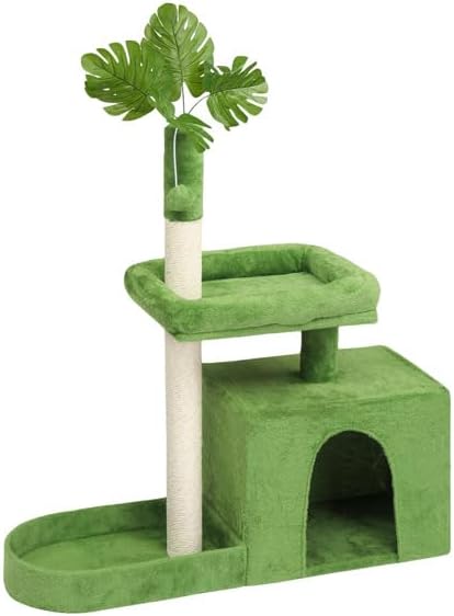 36in Leaf Cat Tree for Indoor Cats, Multi-Level Cat Tower with Condo, Padded Perch, Sisal Scratching Posts, Dangling Ball, Modern Green Cat Furniture for Kittens and Small Cats