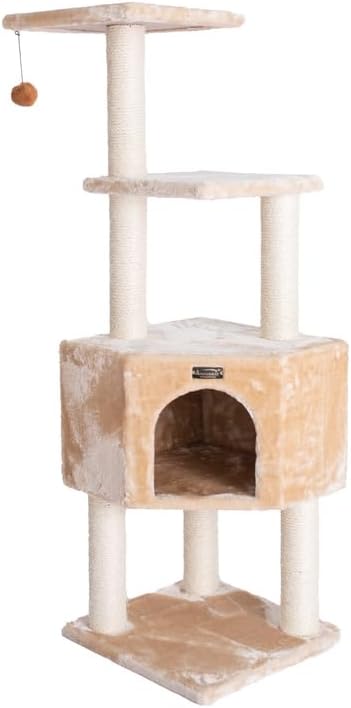 Maykoosh Cat Tower - 3 Level Real Wood Cat Tree - Kittens Play & Rest - 48" High - Beige