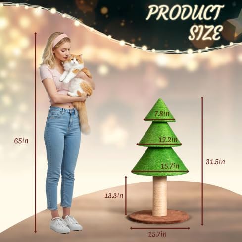 VINGLI 31.5in Christmas Tree Cat Scratcher, Grass Green Cat Scratching Post for Indoor Cats, Large Sisal Cat Scratching Tree Tower with Soft Fleece Base, Stable Cat Tree for Kittens & Adult Cats