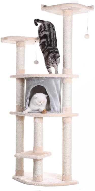 Cat Tree with Scratching Posts & Playhouse - Soft Faux Fur Perches for Cats - Almond