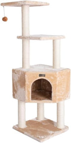 Maykoosh Cat Tower - 3 Level Real Wood Cat Tree - Kittens Play & Rest - 48" High - Beige