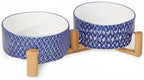 Selamica Ceramic 30 OZ Dog Bowls, Dog Food and Water Bowls with Wooden Stand, Anti-Slip Dogs Dishes Set for Cats Small & Medium Sized Dogs, Weighted Pet Bowls Set of 2, Vintage Blue A