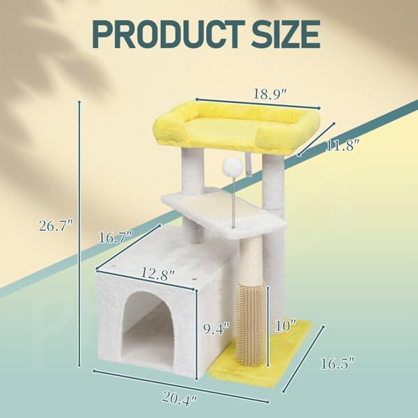 27.5in Multi-Level Cat Tree Tower for Indoor Cats with Cozy Condo, Sisal Scratching Post and Pad, Soft Top Perch, Play Ball, Yellow White Modern Cat Furniture