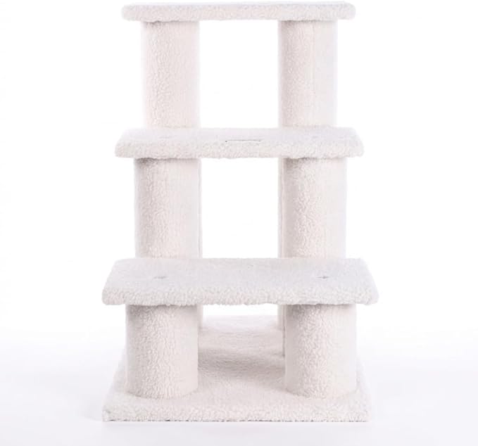 Cat Tree Tower, White Fleece, 3-Tier Multi-Level Climbing Activity Center with Stable Support Pillars, 25 Inches Tall, Ideal for Senior Pets, 17x25x25 Inches