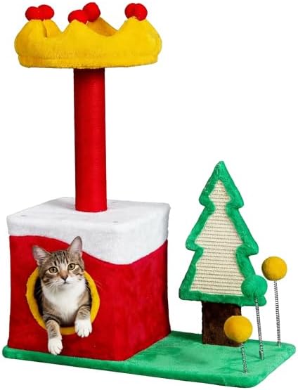 29.5in Christmas Plush Cat Tree, Multi-Level Cat Tower with Condo, Crown Perch & Sisal Posts, Festive Cat Activity Center for Indoor Small Cats, Holiday Cat Furniture Gift