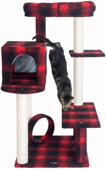 Maykoosh Cat Tree 50" - Plaid Cat Condo, Lounger, Perch & Scratching Post
