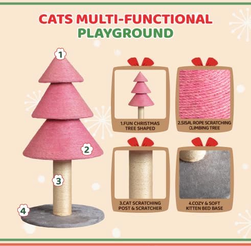 VINGLI 31.5in Christmas Tree Cat Scratcher, Pink Cat Scratching Post for Indoor Cats, Large Sisal Cat Scratching Tree Tower with Soft Fleece Base, Stable Cat Tree for Kittens & Adult Cats