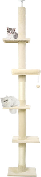 Floor to Ceiling Cat Tree, Cat Tower with Adjustable Height 98-110 Inches, 5 Tiers Tall Cat Tree Floor to Ceiling with Cozy Bed,Platforms, Sisal Scratching Posts for Cats Beige