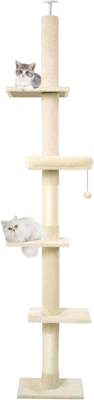 Floor to Ceiling Cat Tree, Cat Tower with Adjustable Height 98-110 Inches, 5 Tiers Tall Cat Tree Floor to Ceiling with Cozy Bed,Platforms, Sisal Scratching Posts for Cats Beige