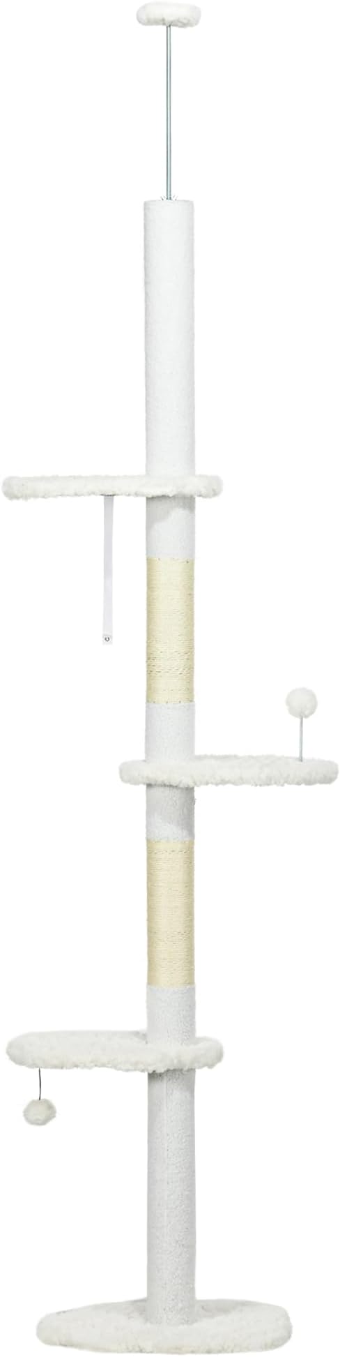 Floor to Ceiling Cat Tree, Adjustable 88.5”–100.5” Tall Cat Tower for Indoor Cats, Space-Saving Vertical Cat Furniture with Scratching Posts & Perches, Stable Tension Rod Design, White