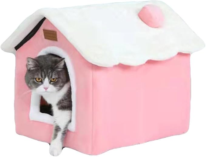 Christmas Cat Bed for Indoor Cats Plaid Xmas Cat Tent Cats Bed Cave for Pets Kittens and Dogs (Pink, L (20.5 X 17 X 19.7 Inch))