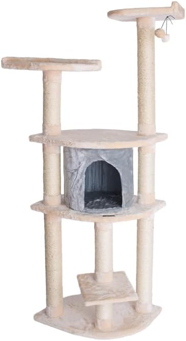 Cat Tree with Scratching Posts & Playhouse - Soft Faux Fur Perches for Cats - Almond