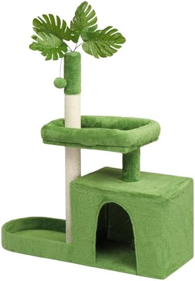 36in Leafy Cat Tower, Multi-Level Cat Tree with Condo and Scratching Posts, Plush Bed, Jungle Design Cat Furniture with Dangling Toy Ball, Cozy Pet Playground for Kittens and Small Indoor Cats, Green
