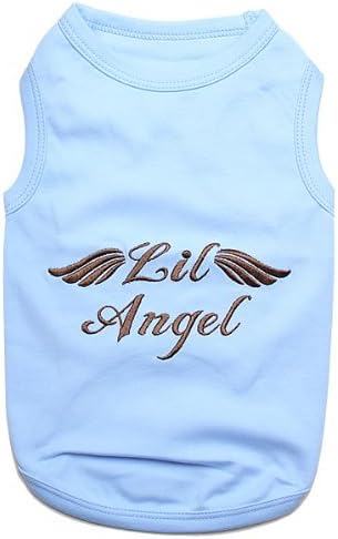 Parisian Pet Dog Tshirt - Embroidered “ Lil Angel “ Tee Shirt - Pure Cotton and Lightweight Tank Top - Sleeveless Pet Vest - Machine Washable Blue Shirts for Small Dogs - XXS