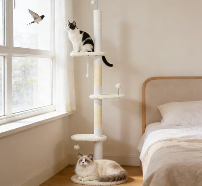 Floor-to-Ceiling Cat Tree, White, 19x12.5x100.5 Inches, All Breed Sizes, Climbing and Cuddling, Particle Board with Sisal, Floor Mount