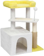 27.5in Multi-Level Cat Tree Tower for Indoor Cats with Cozy Condo, Sisal Scratching Post and Pad, Soft Top Perch, Play Ball, Yellow White Modern Cat Furniture