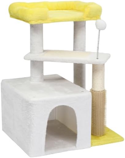 27.5in Multi-Level Cat Tree Tower for Indoor Cats with Cozy Condo, Sisal Scratching Post and Pad, Soft Top Perch, Play Ball, Yellow White Modern Cat Furniture