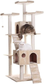Cat Tree Multi-Level - Scratching Posts, Play Platforms & Cozy Hideaway - Beige Faux Fur Cat Furniture