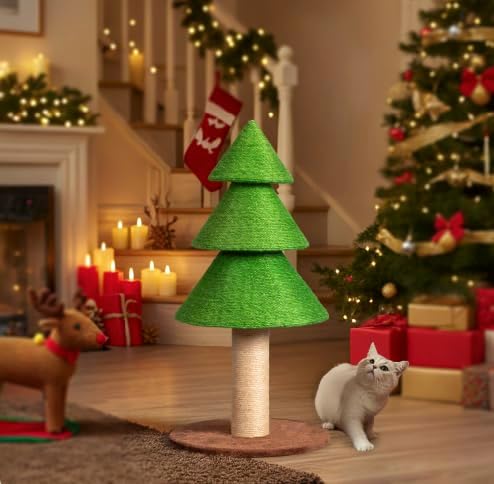 VINGLI 31.5in Christmas Tree Cat Scratcher, Grass Green Cat Scratching Post for Indoor Cats, Large Sisal Cat Scratching Tree Tower with Soft Fleece Base, Stable Cat Tree for Kittens & Adult Cats