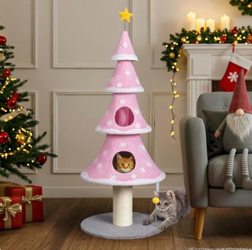 VINGLI 59in Large Christmas Tree Cat Tower for Indoor Cats, Pink Cat Tree with 2 Cat Condos & Scratching Post, Soft Fleece Multi-Level Cat Tower with Teaser Toy, Sturdy Wide Base & Built-in Openings