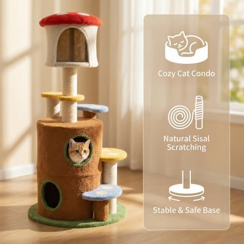 Mushroom Cat Tree with Cozy Condo & Scratching Ladder – 59" Multi-Level Play Tower