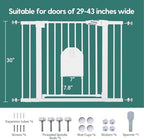 Babelio Auto Close Baby Gate with Cat Door,29-43" Metal Gate for Doorway,Stairs, House,Easy Walk Thru with Pet Door,Includes 4 Wall Cups and 3 Extension Pieces,White
