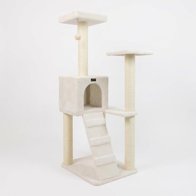 Multi-Level Cat Tree with Sisal Scratching Posts, Cozy Condo, Perches, Ladder and Hanging Toy, Beige, 53 Inches Tall