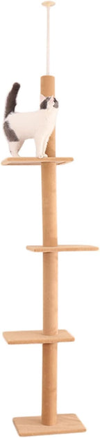 Cat Tree for Indoor Cats,3-Tier Floor to Ceiling Cat Climbing Tree 9 Feet,Tall Climbing Activity Center with Scratching Post,Cozy Bed,for Indoor Cats Upgraded (Khaki)