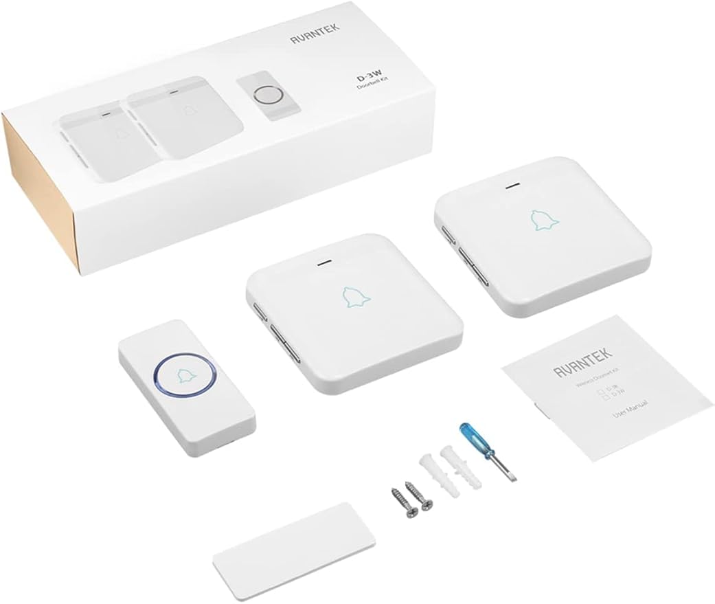 AVANTEK Wireless Doorbell, Waterproof Door Bell Chime Operating at over 1300 Feet, Classroom Doorbell with 52 Melodies, CD Quality Sound and LED Flash, 1 Button + 2 Plug-in Receivers, D-3W