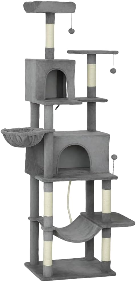 Stylish Cat Tree Tower with Sisal Scratching Posts, Cozy Condo, and Plush Perches for Climbing, Resting, and Play (Dark Gray + Cotton + Particle Board-1)