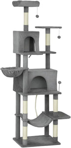 Stylish Cat Tree Tower with Sisal Scratching Posts, Cozy Condo, and Plush Perches for Climbing, Resting, and Play (Dark Gray + Cotton + Particle Board-1)