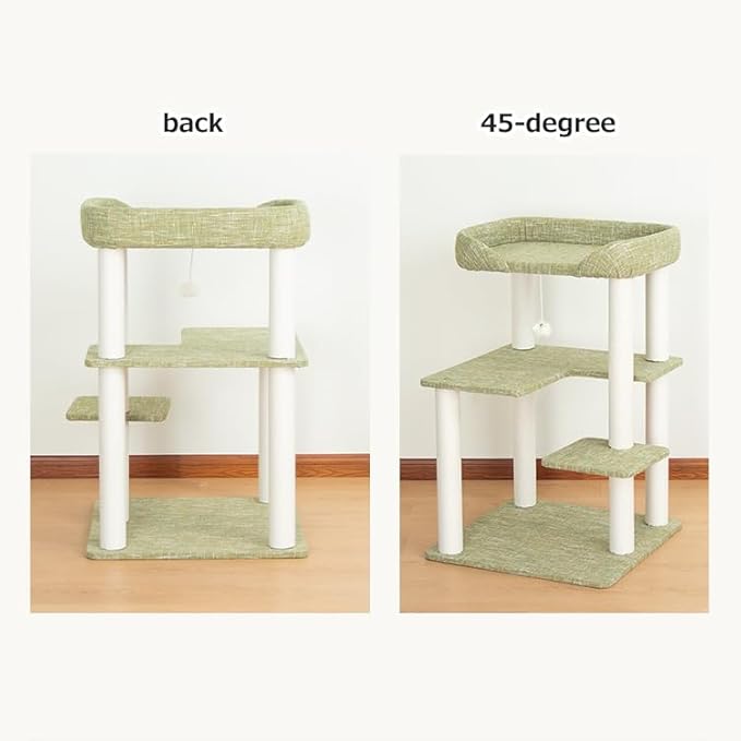 Cat Tree for Large Cat, Modern Senior Friendly Cat Tower with Wide Shelves Low Step, Cotton Scratching Posts, Super Sturdy Base, Cozy Perches, Interactive Toys (Linen Fabric Green 37.4-Inch)