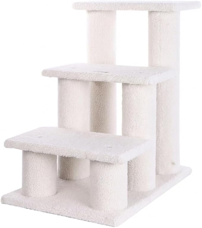 Cat Tree Tower, White Fleece, 3-Tier Multi-Level Climbing Activity Center with Stable Support Pillars, 25 Inches Tall, Ideal for Senior Pets, 17x25x25 Inches